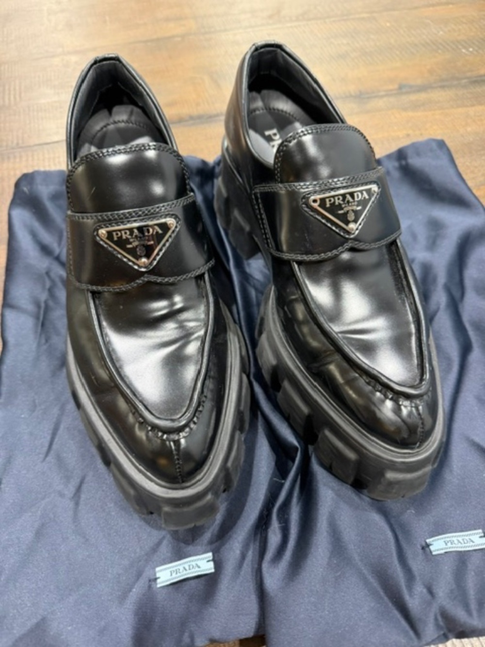 Prada Black Leather Monolith Logo Loafers - Picture 3 of 13